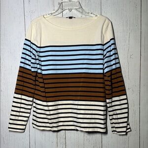 J. Crew Multicolored Brown Blue Cream Striped Boat Neck Long Sleeve Top Cotton M